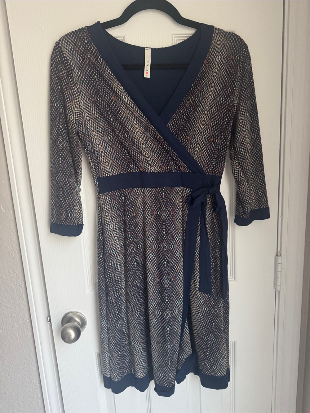 Gilli Navy Multicolor Geometric Faux-Wrap Dress